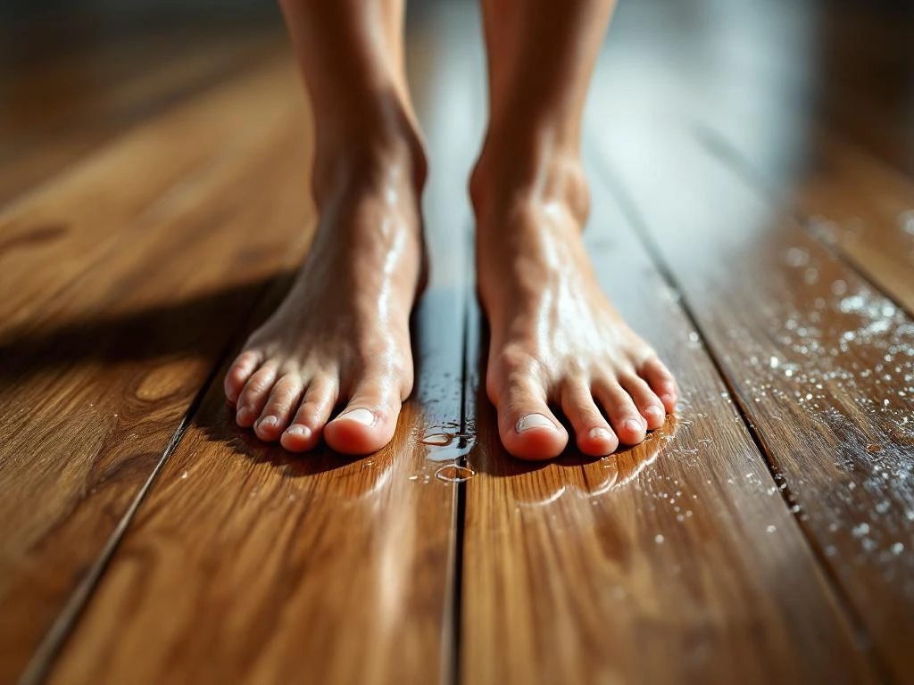 Blote voeten stappen op glanzende PVC-vloer met houtnerf textuur en dramatische verlichting