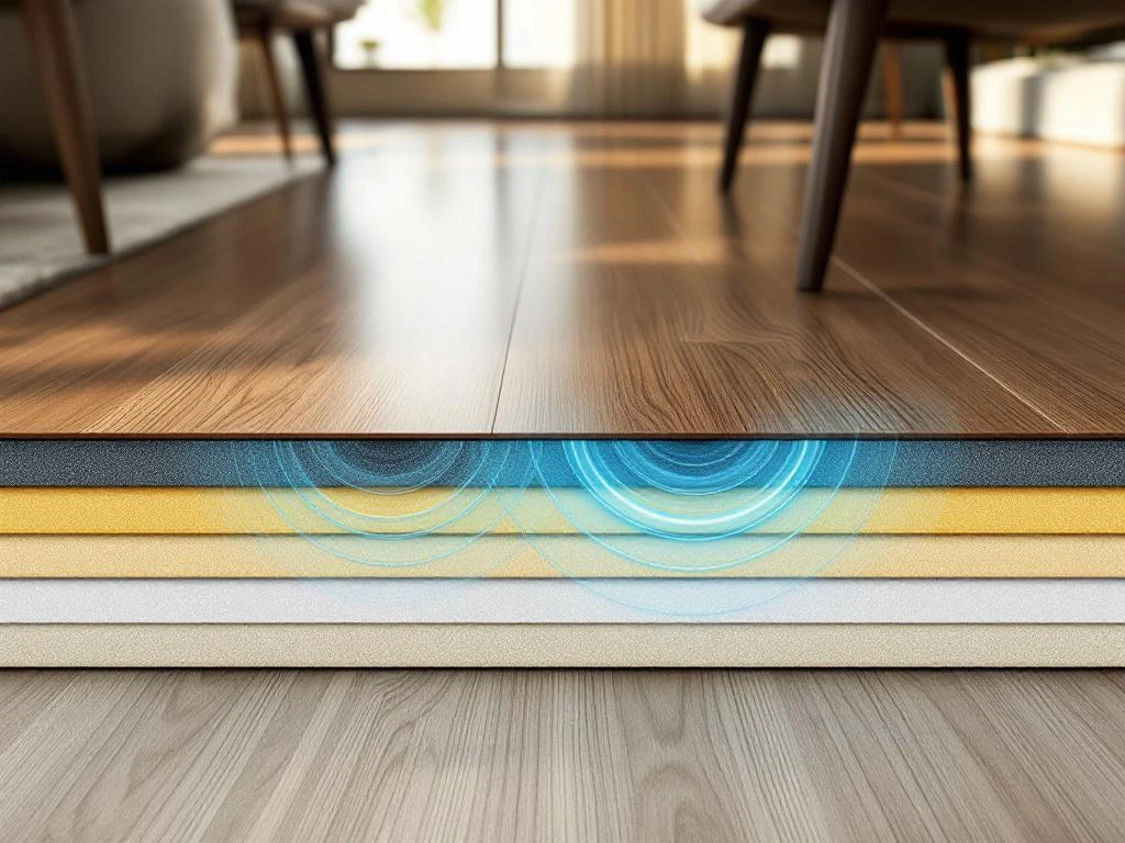 Doorsnede van PVC vloer met geluidsdempende onderlaag en akoestische isolatie in moderne woonkamer