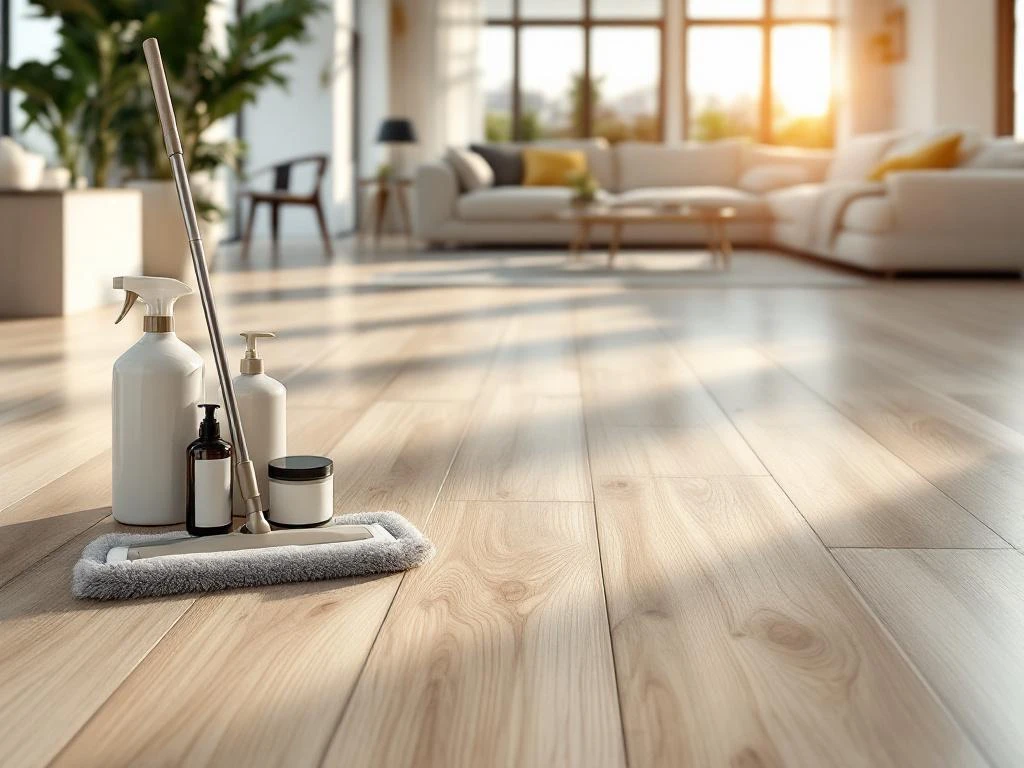 Moderne PVC vloer met houtlook in lichte woonkamer met professionele schoonmaakproducten en natuurlijk licht