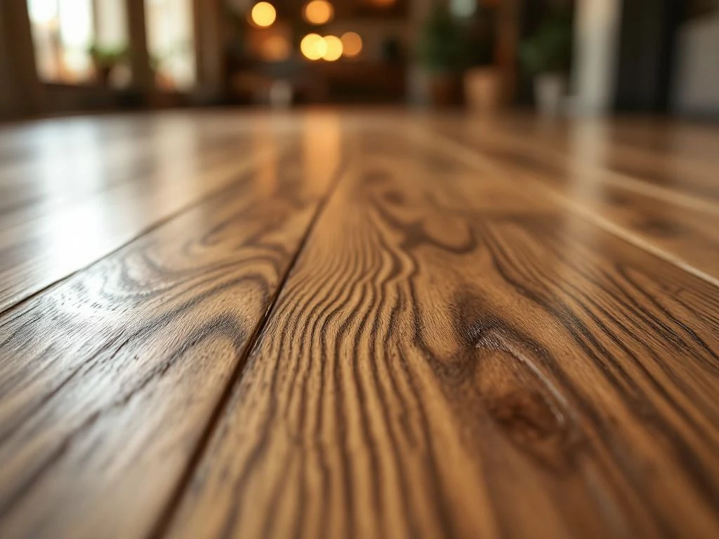 Luxe PVC vloer met realistische eiken houtstructuur, perfecte planken met afgeschuinde randen en warme verlichting