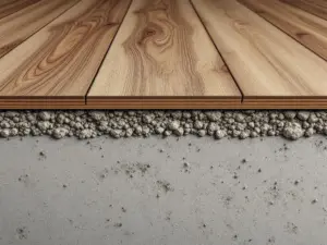 Doorsnede van PVC vloerinstallatie op oneffen betonvloer met egalisatiemassa en luxe vinylplanken