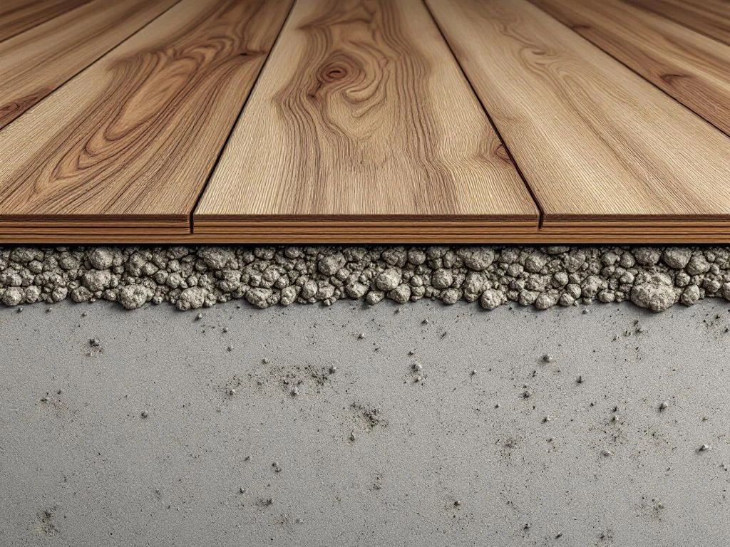 Doorsnede van PVC vloerinstallatie op oneffen betonvloer met egalisatiemassa en luxe vinylplanken