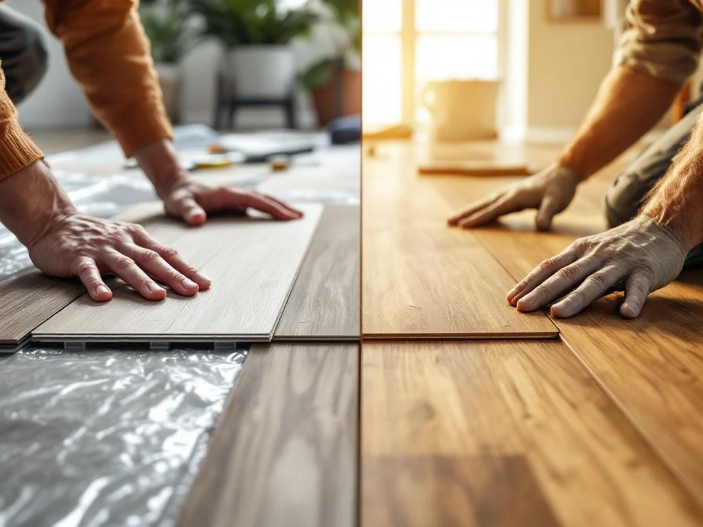 Vergelijking DIY versus professionele PVC vloer installatie met gereedschap en click-lock planken in moderne ruimte