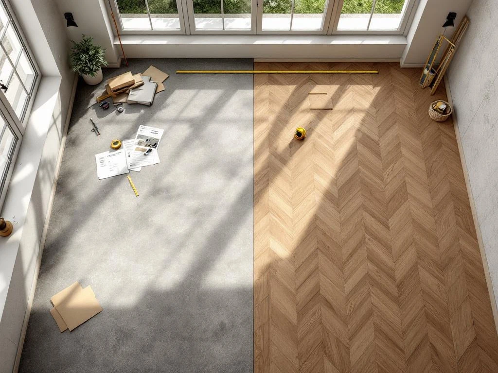 PVC vloerinstallatie in uitvoering: houtlook planken en gereedschap in 100m² ruimte met natuurlijk licht