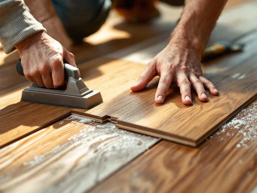 Handen installeren click PVC vloerplanken met zichtbaar klikmechanisme, eiken textuur, professioneel gereedschap nabij