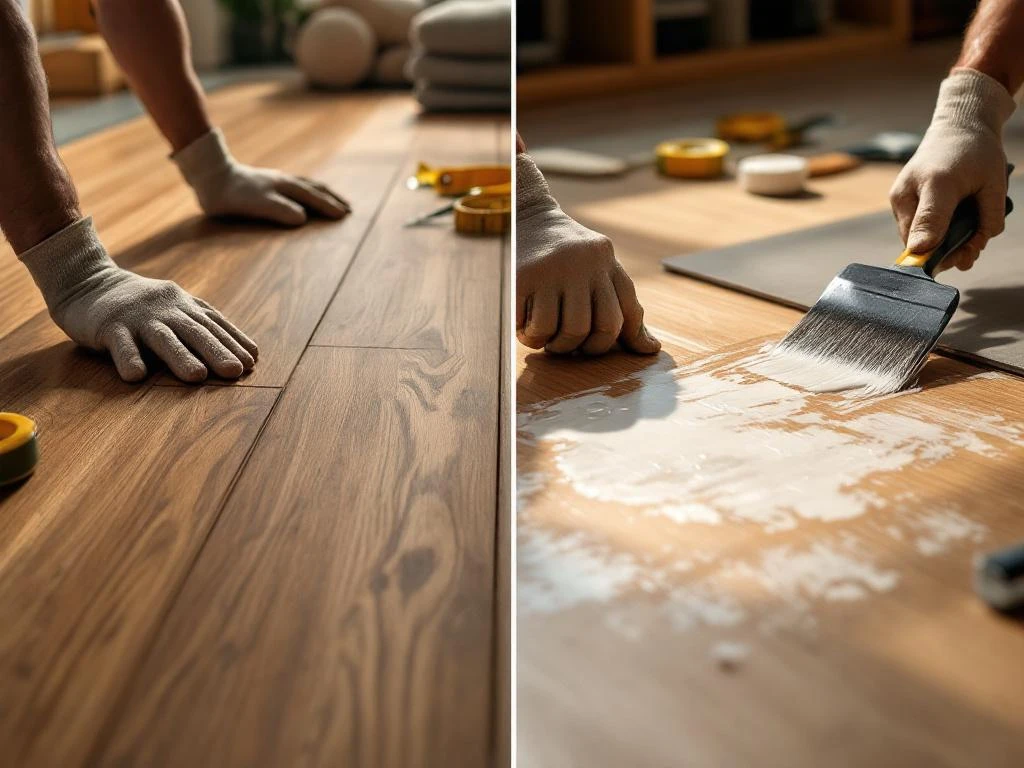 Vergelijking van twee PVC vloerinstallatiemethoden: kliksysteem planken links, lijm tegels rechts in moderne woonkamer