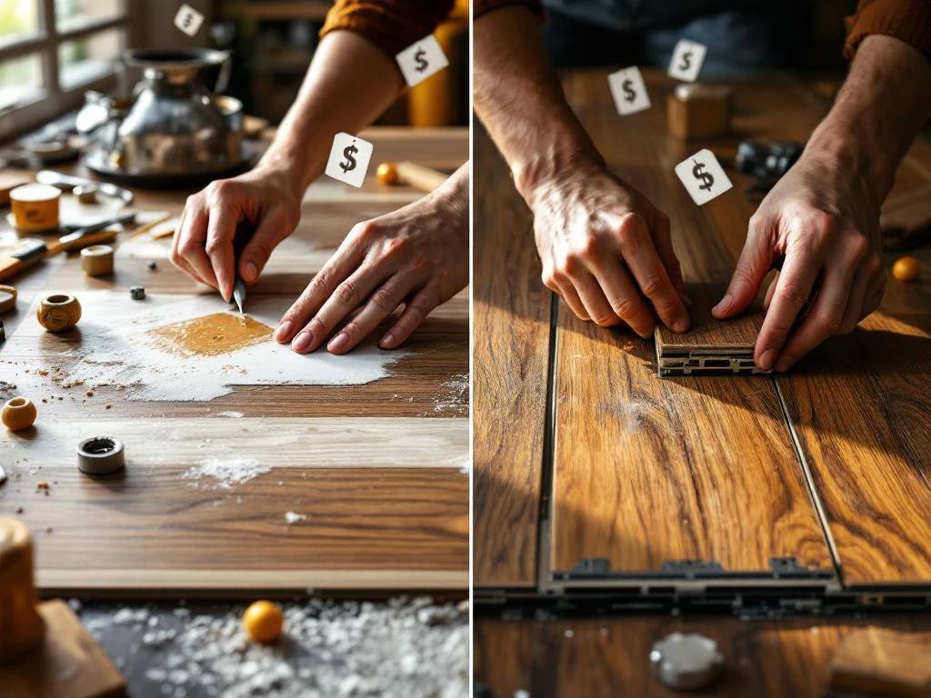 Vergelijking van twee PVC vloerinstallatiemethoden: lijm-installatie links en klik-systeem rechts met prijslabels