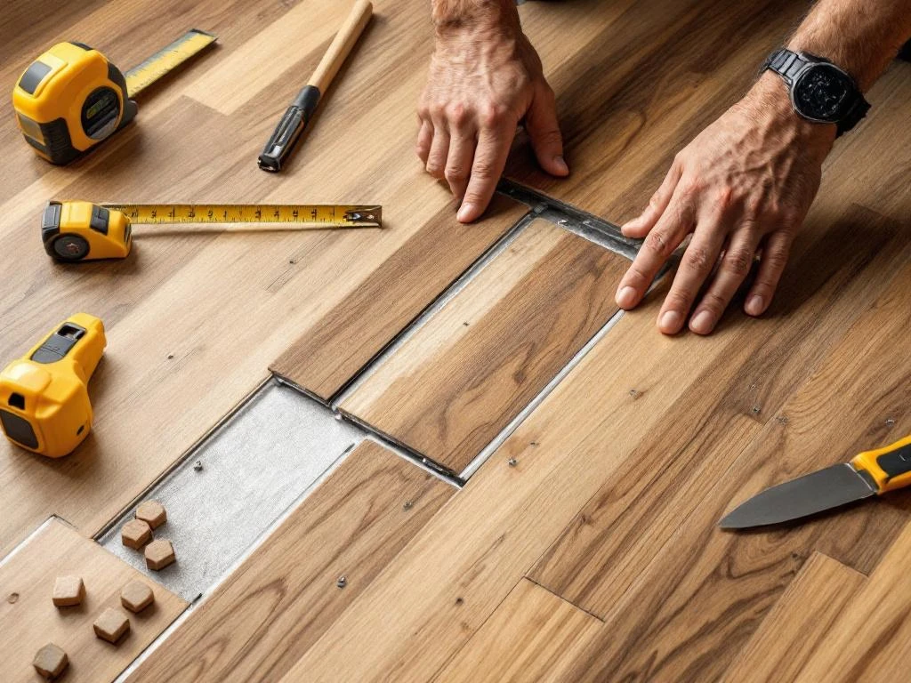 Handen installeren luxe vinyl PVC vloerplanken met kliksysteem, gereedschap en meetlint op schone ondergrond