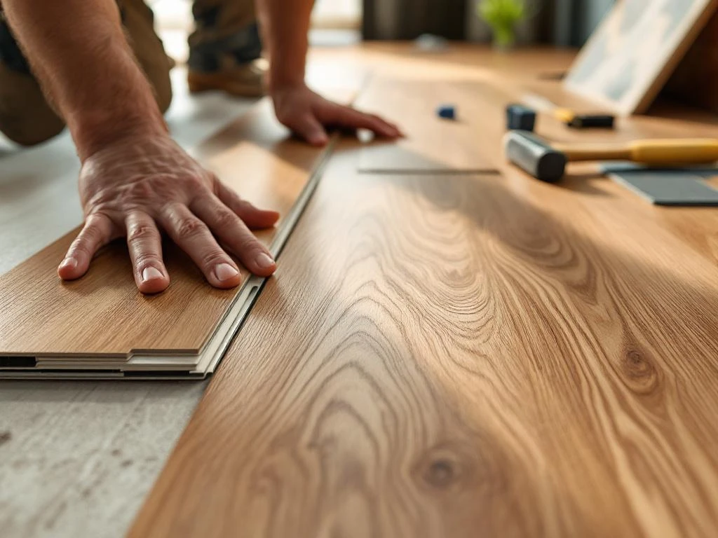 Professionele installatie van luxe PVC vloerplanken met klik-verbindingen, gereedschap en eiken textuur zichtbaar