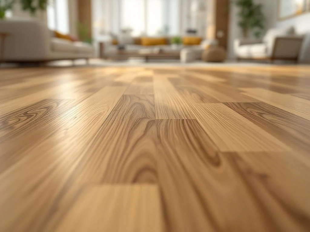 Luxe PVC vloerplanken met warme eiken houtnerf in moderne woonruimte, close-up detail van premium kwaliteit