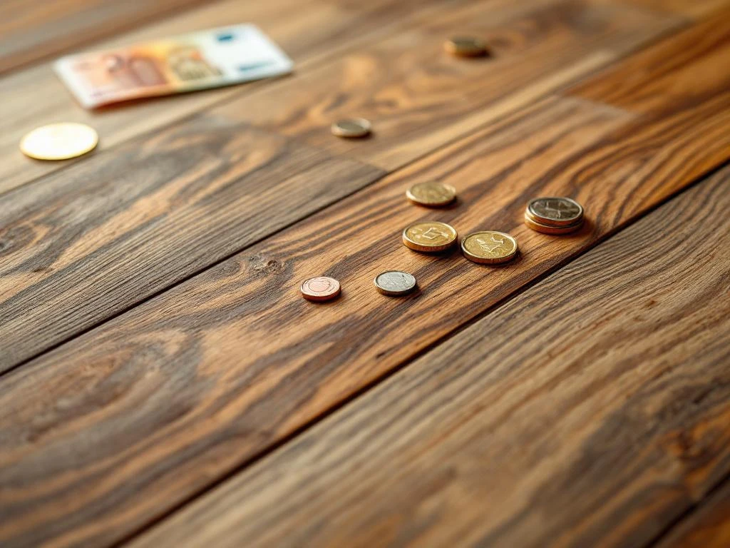 Premium PVC vloerplanken in houtnerf patroon met euro bankbiljetten, diagonaal gerangschikt met warme eiken tinten