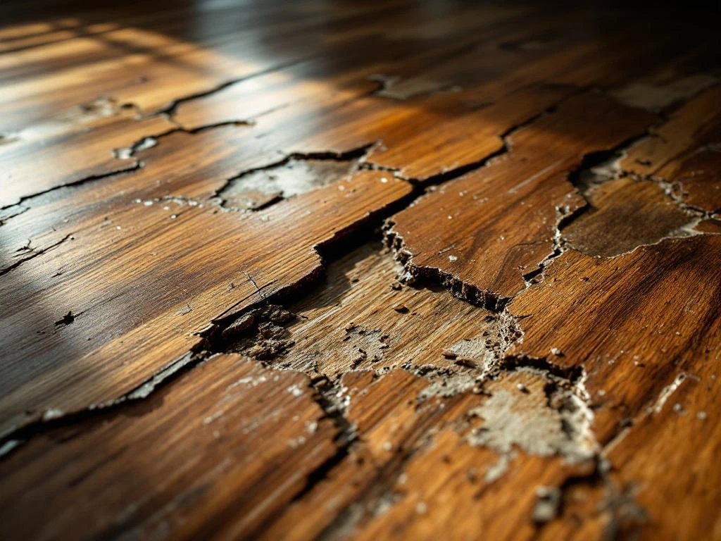 Beschadigde PVC-vloer met krassen, brandplekken, waterSchade en verkleuring door zonlicht in warme bruintinten