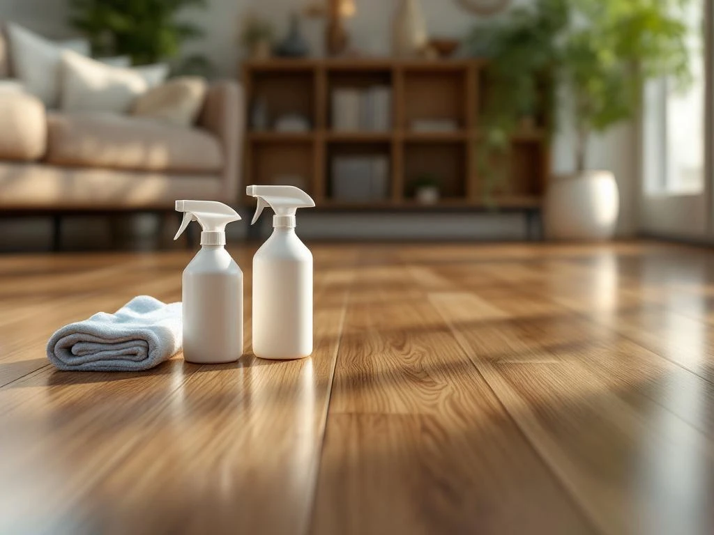 PVC vloer met houtstructuur en schoonmaakproducten zoals sprays en microvezeldoeken in professionele setting