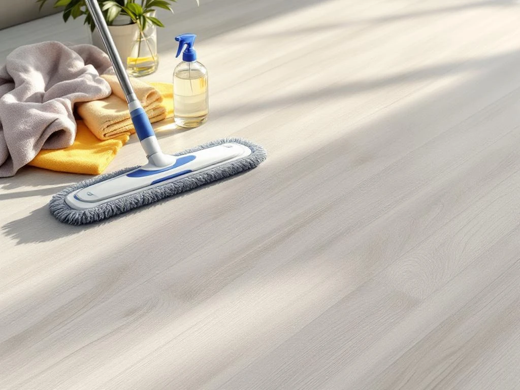 Lichtgrijze PVC vloerplank met houtnerf naast schoonmaakbenodigdheden zoals dweil en sprayfles