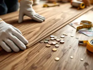 Professionele installatie van premium PVC vloerplanken met werkhandschoenen, gereedschap en euro bankbiljetten