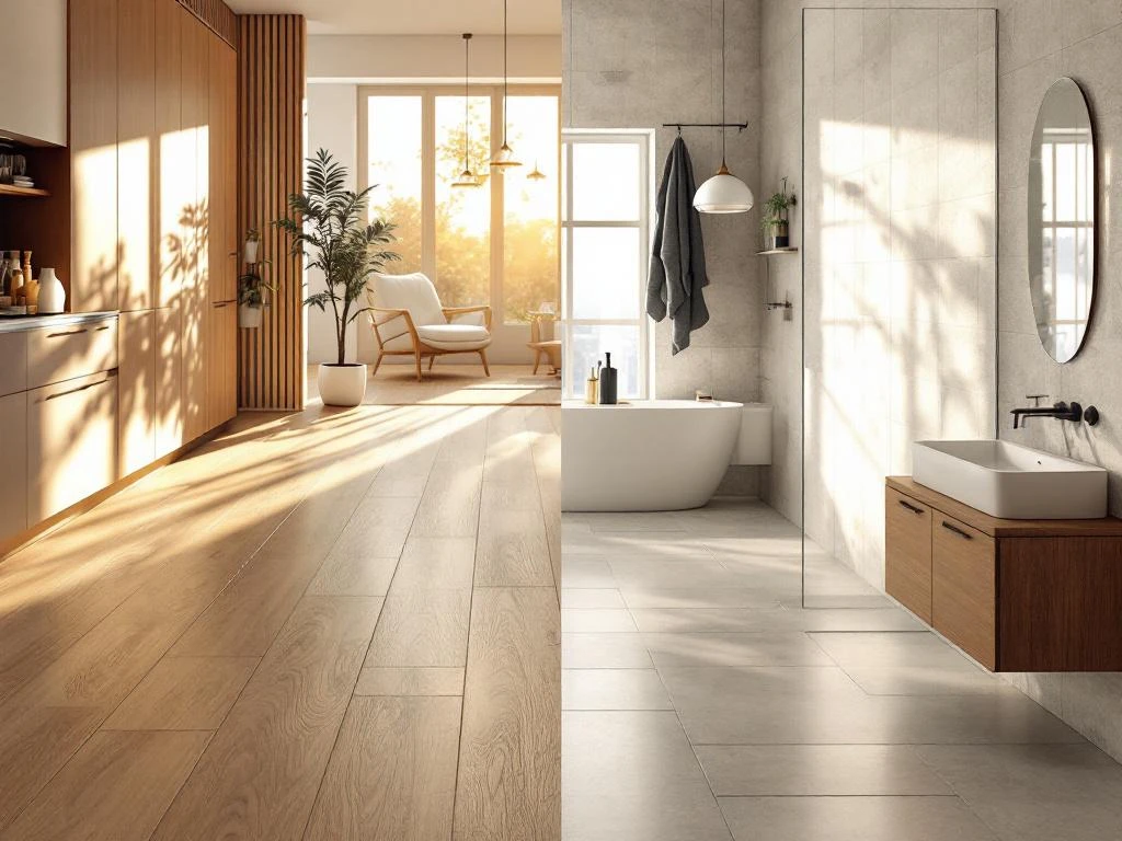 PVC vloeren in moderne keuken met lichte eiken textuur en badkamer met waterbestendige steenlook tegels