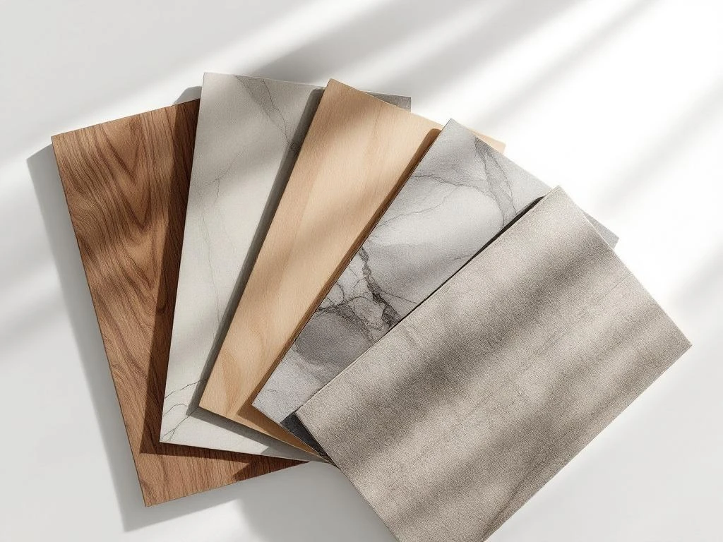 PVC vloermonsters in waaierpatroon met houtnerf, beton en steen texturen op witte ondergrond met studiobelichting