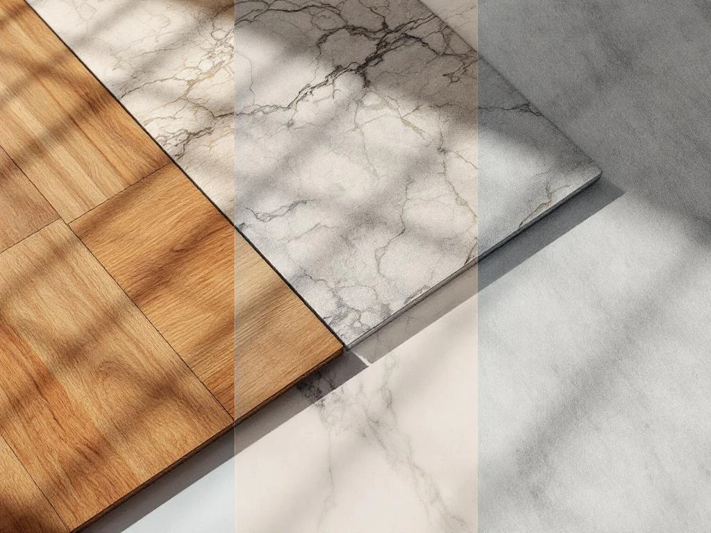 Drie PVC vloermonsters: houtlook eiken planken, marmer steen tegels en moderne betonlook op witte ondergrond