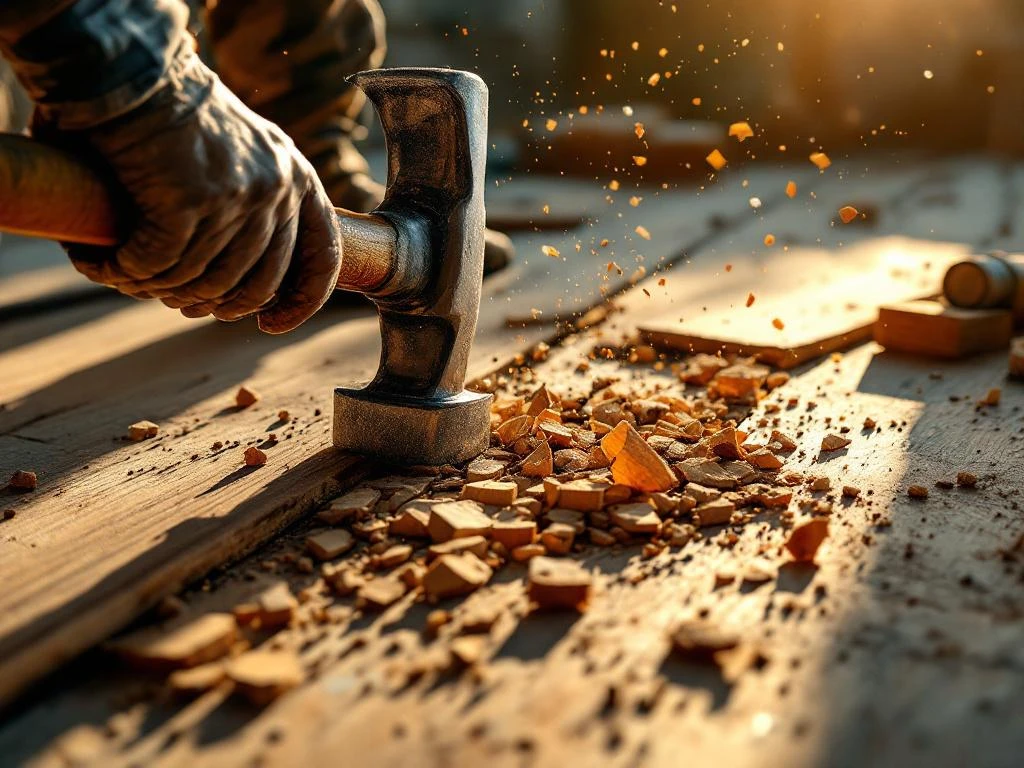 Bouwvakker gebruikt sloophamer om oude houten vloerdelen te verwijderen tijdens renovatie met gereedschap rondom