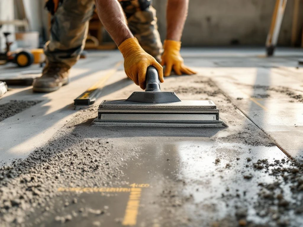 Bouwvakker gebruikt professionele vloernivellering gereedschap op betonnen ondervloer, half voltooid werk zichtbaar