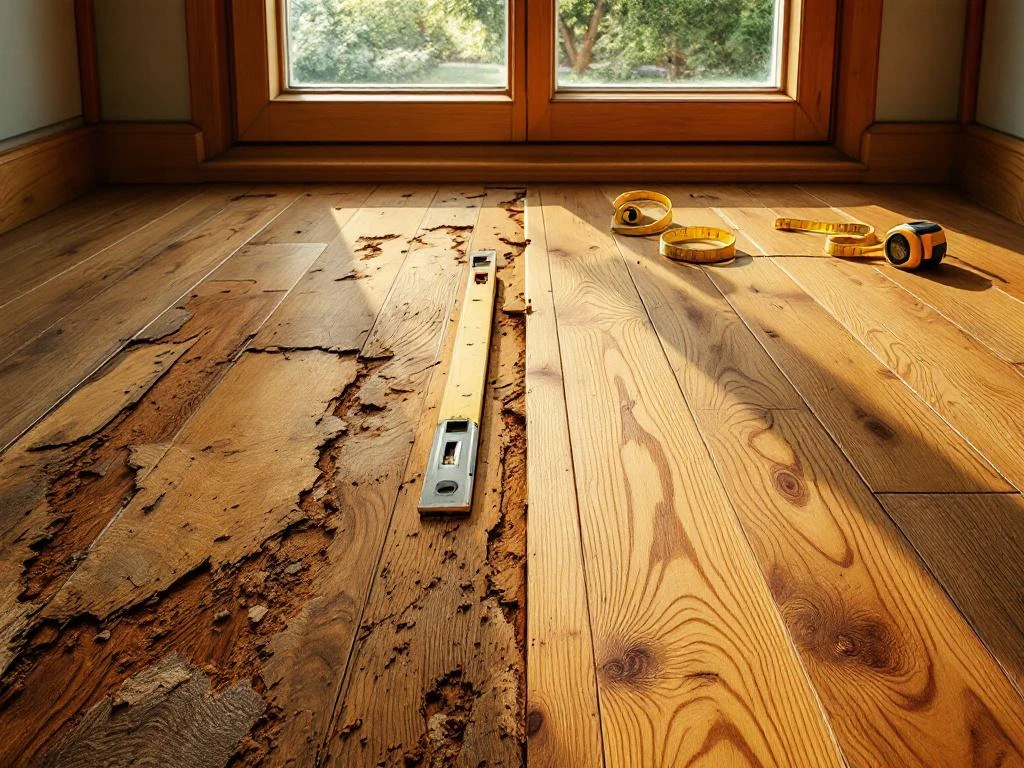 Houten vloer voor en na renovatie: beschadigde planken links, nieuwe eiken vloer rechts met professioneel gereedschap