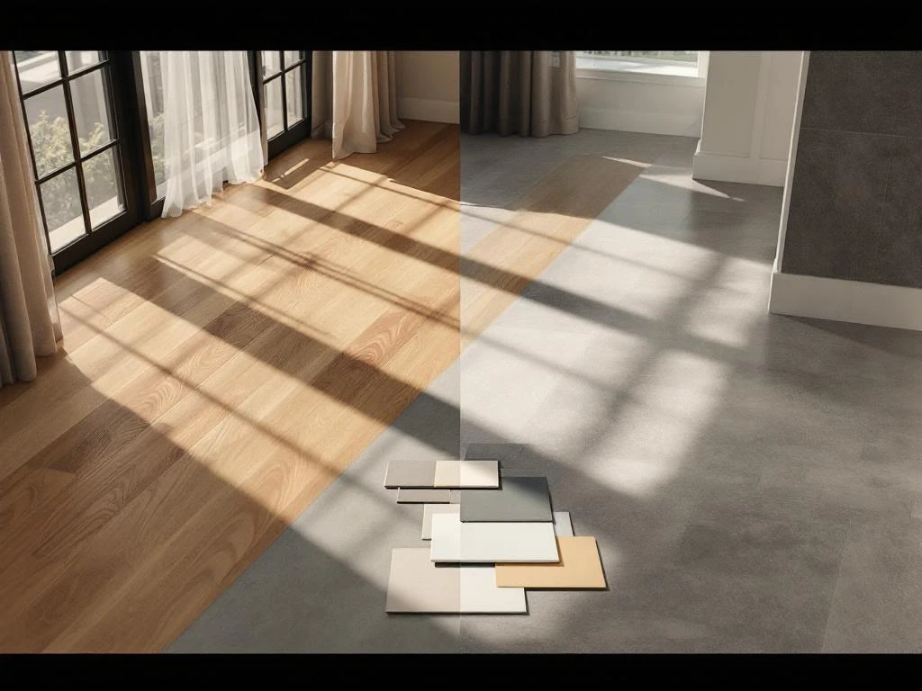 Vergelijking van houten vloerplanken en grijze vinylvloer in elegante kamers met kleurstalen en natuurlijk licht