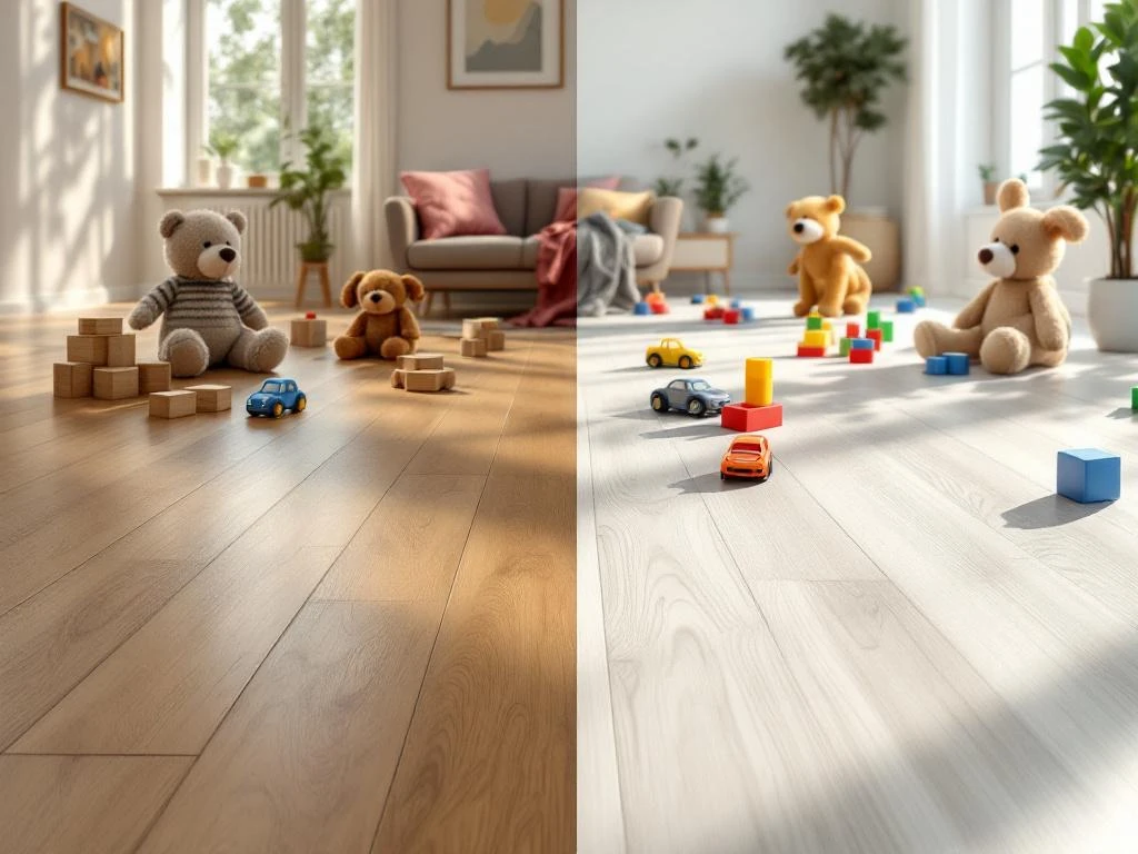 Vergelijking hardhouten en laminaatvloeren in moderne woonkamer met kinderspeelgoed en natuurlijk licht