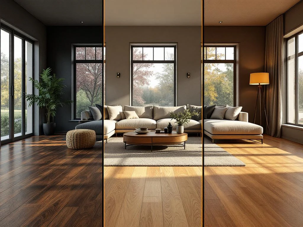 Woonkamer met drie vloertypen: donker hardhout, lichte eik en luxe vinyl, elk met identieke moderne meubels