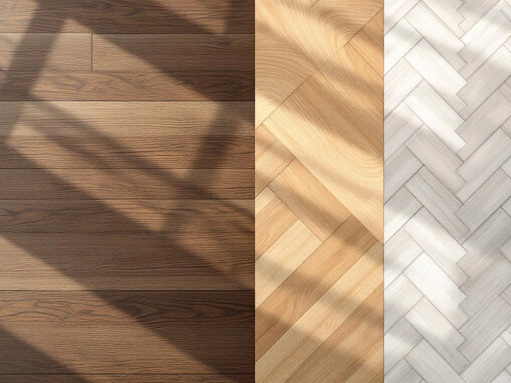 Vier verschillende vloertypes: donkere eiken parket, laminaat, visgraat en PVC met natuurlijke texturen en verlichting