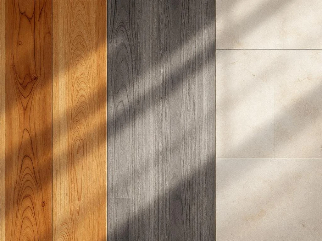 Drie vloertypes in waaierpatroon: houten planken, laminaat en PVC-tegels met steenpatroon in natuurlijk licht