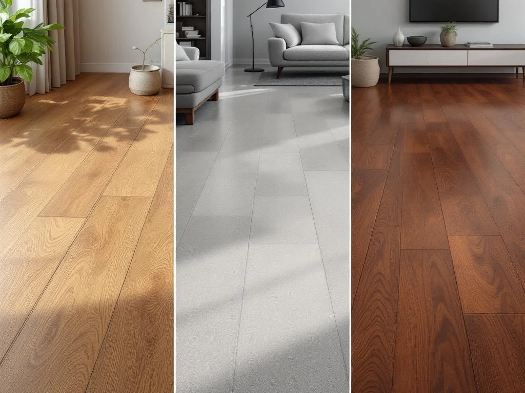 Drie vloertypes in moderne woonruimte: eiken houtplanken, grijze PVC-vloer en mahonie laminaat met natuurlijke verlichting