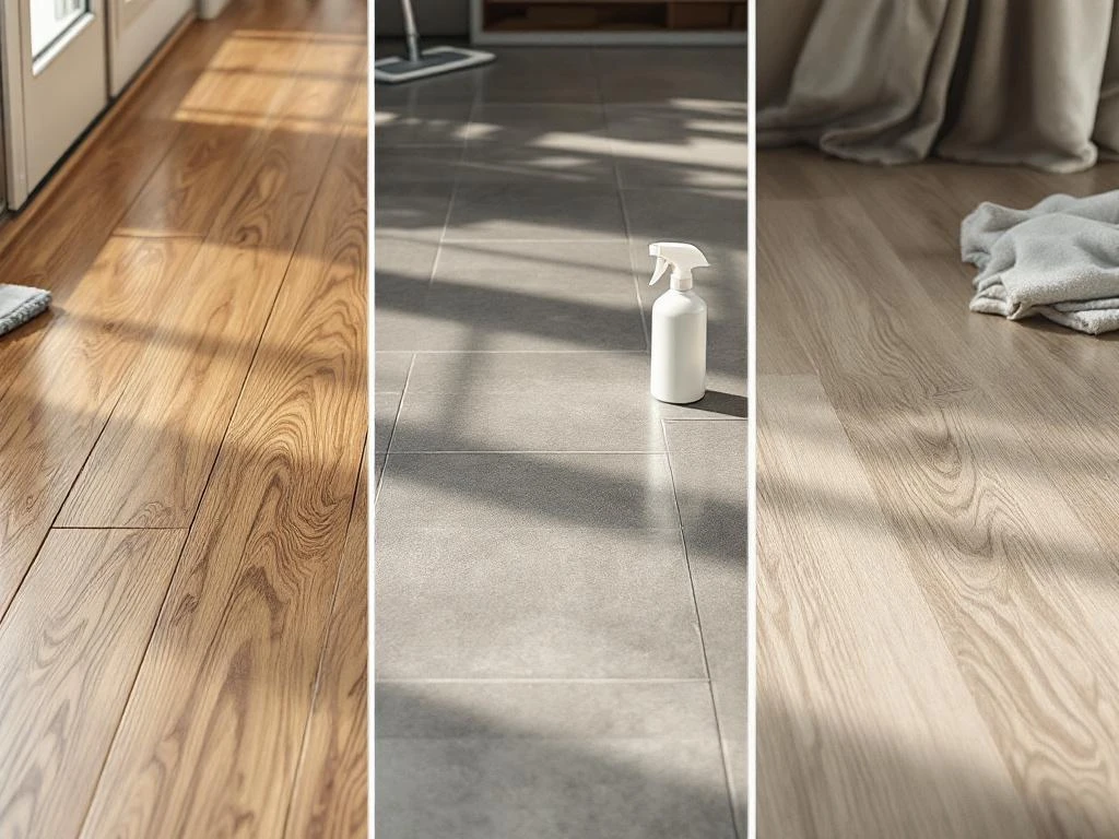 Vergelijking van drie vloertypes: hardhouten planken, grijze vinyl tegels en laminaat met schoonmaakbenodigdheden