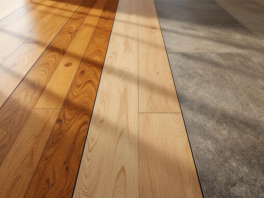 Drie vloertypen naast elkaar: hardhouten parket, laminaat en PVC-vloer met steenstructuur in warm professioneel licht