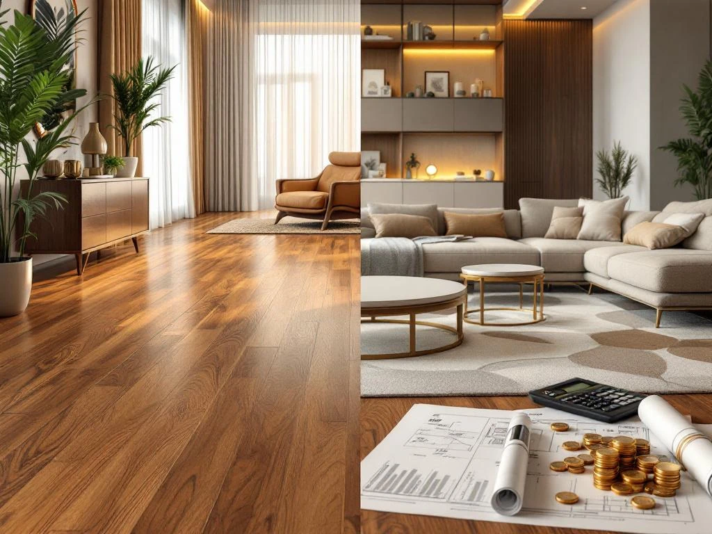 Luxe woonkamer met parket links en PVC vloer rechts, blauwdrukken en rekenmachine tonen vloerkosten planning