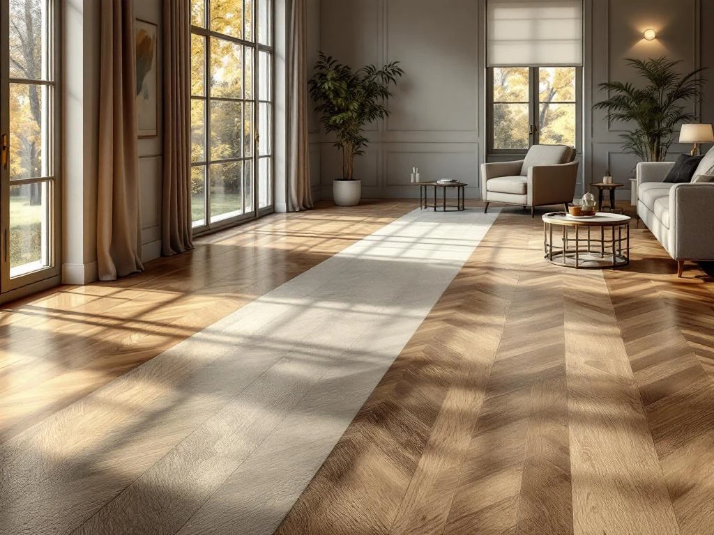 Elegante woonkamer met drie verschillende vloertypes: hardhouten parket, moderne PVC planken en gelamineerde vloer