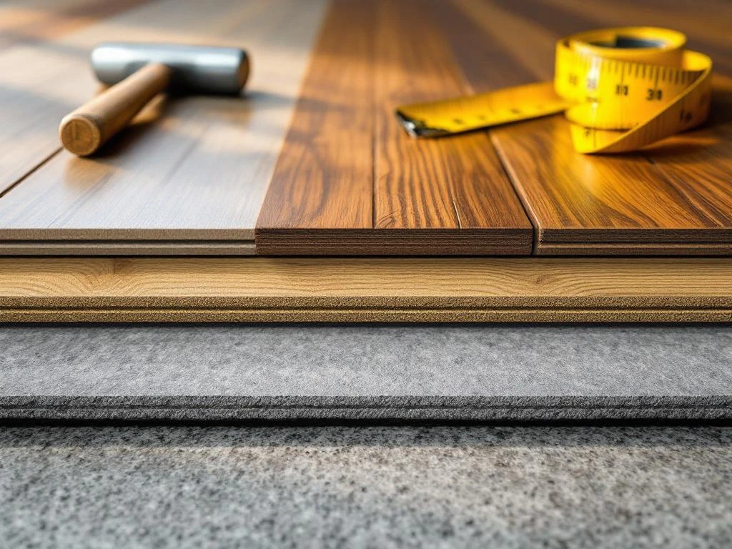 Dwarsdoorsnede van vloerinstallatie met bruine houten planken en grijze PVC tegels, installatietools zichtbaar