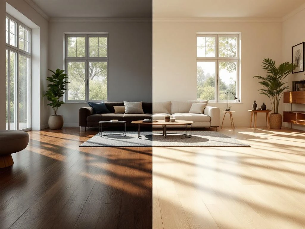 Vergelijking moderne woonkamer met donkere versus lichte vloer toont visueel effect op ruimtegevoel en grootte