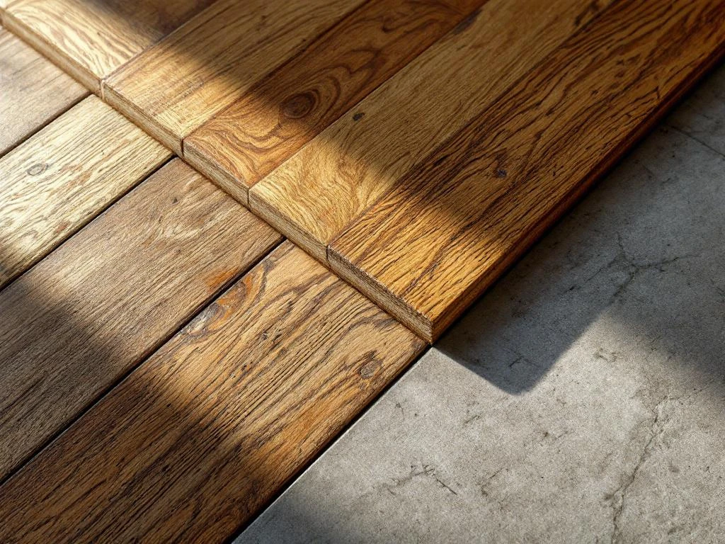 Drie vloermaterialen in driehoekige opstelling: hardhout, beton en natuursteen met slijtage-indicatoren onder dramatische belichting