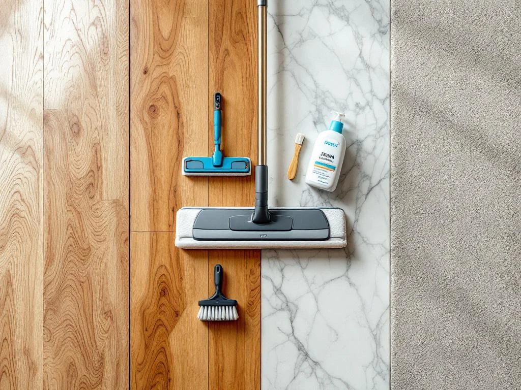 Vier verschillende vloertypes - parket, laminaat, PVC en tapijt - met professionele schoonmaakproducten en gereedschap