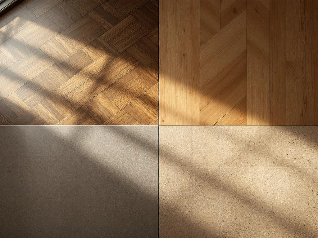Vier verschillende vloertexturen: donkere eiken parket, bamboe planken, gepolijst beton en keramische tegels
