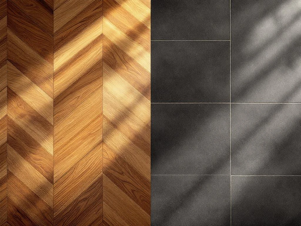 Vloertrends vergelijking: warme honingtint visgraat parket naast moderne grote grijze tegels in studio setting