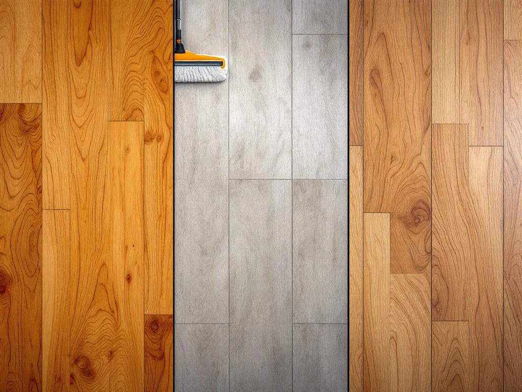 Vergelijking van drie vloertypes: houten planken, PVC tegels en laminaat met bijbehorende schoonmaakproducten