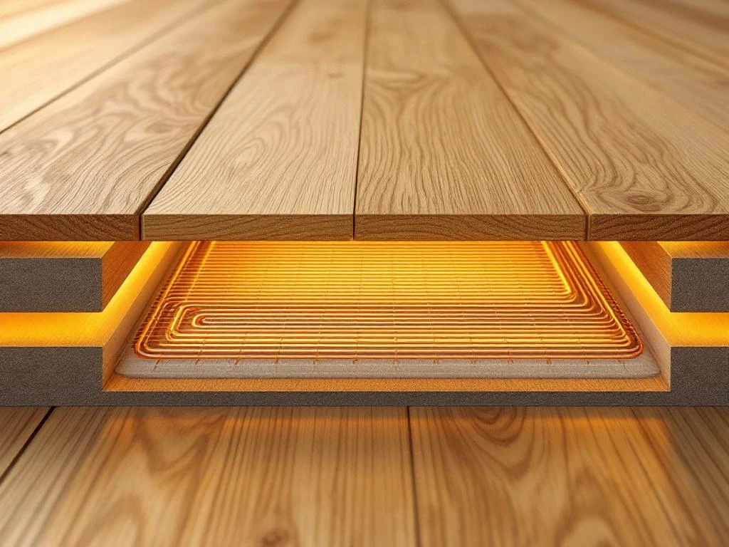 Doorsnede van moderne houten vloer met vloerverwarming onder eiken planken, koperen buizen zichtbaar