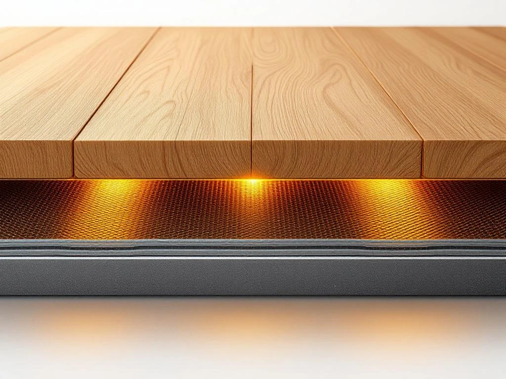 Doorsnede van houten vloer met vloerverwarming, eiken planken boven verwarmingskabels met warme gloed