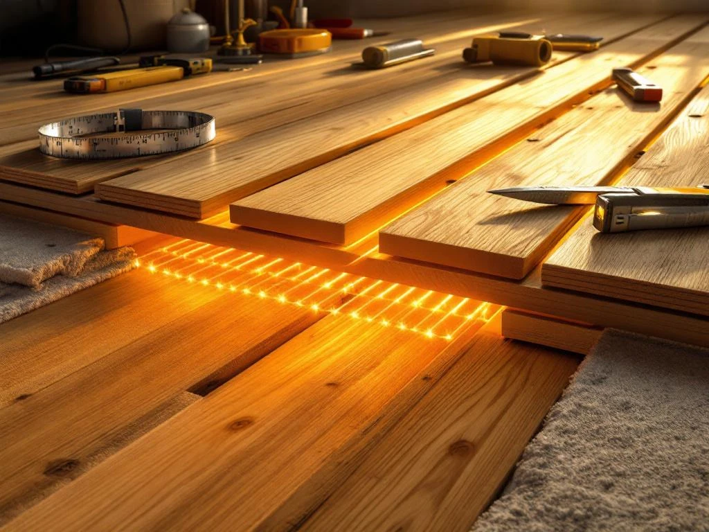 Doorsnede van houten vloer met vloerverwarming, eiken planken met verwarmingsbuizen en professionele gereedschappen