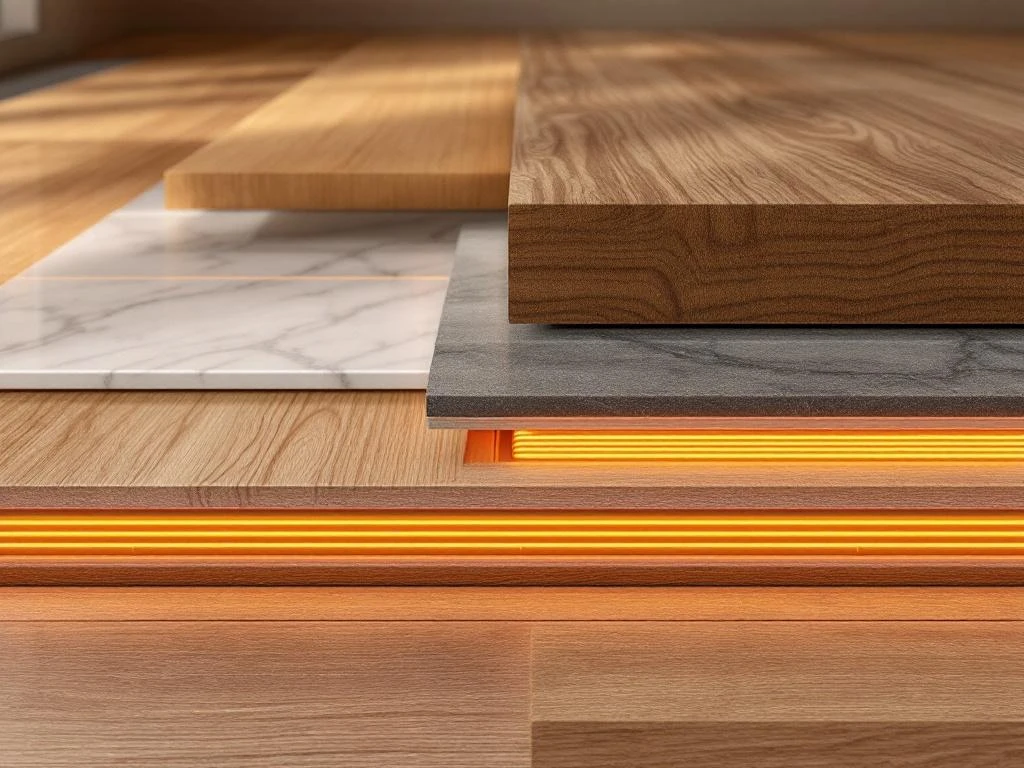 Doorsnede van moderne vloerverwarming onder houten planken, tegels en vinyl met oranje verwarmingsleidingen zichtbaar