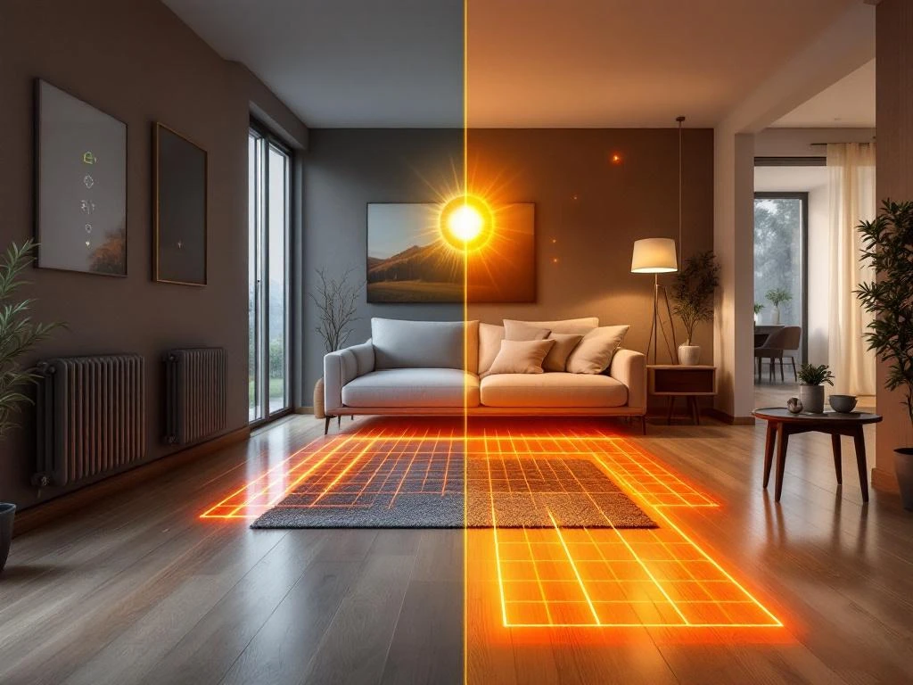 Moderne woonkamer met vergelijking tussen traditionele radiatoren en energiezuinige vloerverwarming systemen