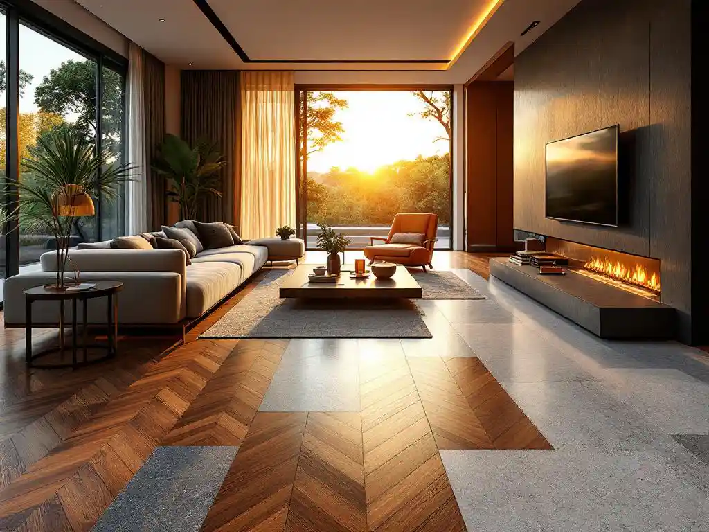 Moderne woonkamer met 2026 vloertrends: herringbone hout, terrazzo en natuursteen in warm zonlicht