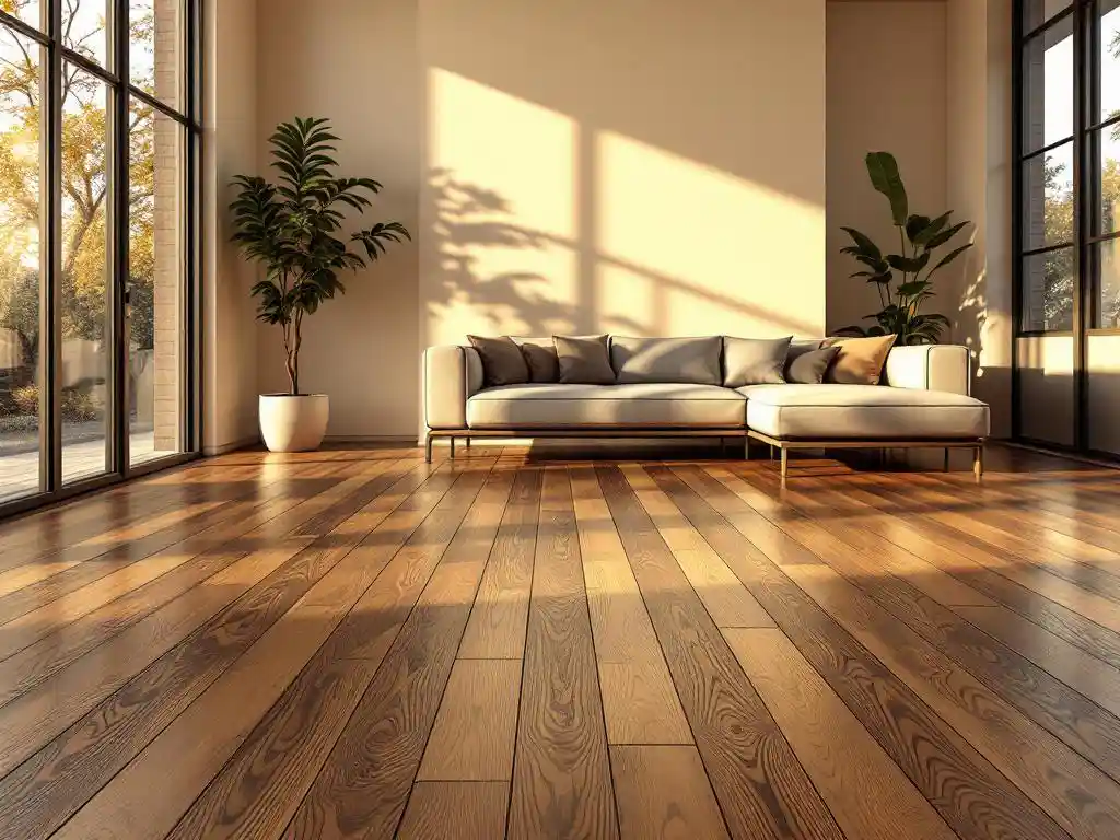 Moderne woonkamer met donker hardhouten vloer, crèmekleurige muren en eigentijdse bank in natuurlijk licht