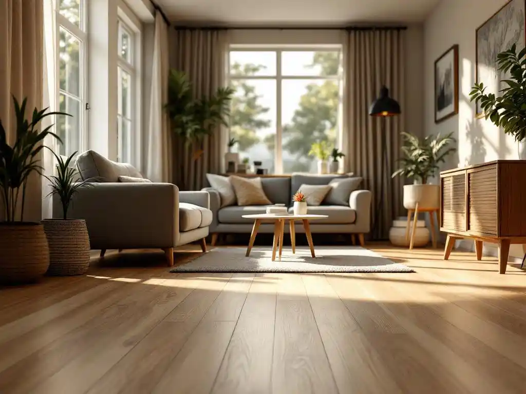 Gezellige kleine woonkamer met lichteikenhouten vloer, moderne bank en koffietafel, natuurlijk zonlicht door groot raam
